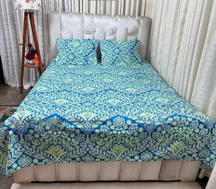 Cotton Fabric (সুতি কাপড়) Printed 7.5 by 8 Feet Double King Size Bedsheet Set with Two Pillow Covers