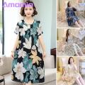 Casual Dress Floral Print Round Neck Nightdress for Women Comfortable Knee Length Homewear Midi Dress with Short Sleeves Casual Lady Nightgown for Women Cotton Silk Dress.