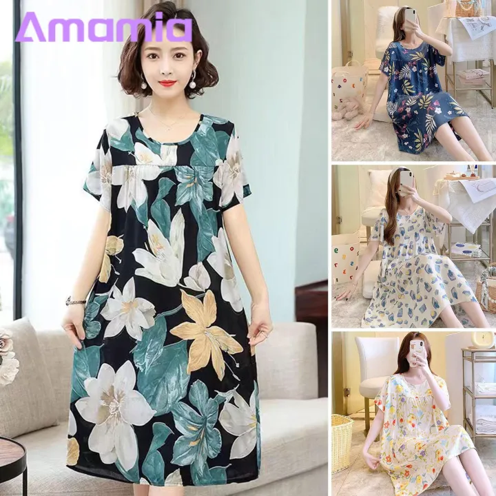 Casual%20Dress%20Floral%20Print%20Round%20Neck%20Nightdress%20for%20Women%20Comfortable%20Knee%20Length%20Homewear%20Midi%20Dress%20with%20Short%20Sleeves%20Casual%20Lady%20Nightgown%20for%20Women%20Cotton%20Silk%20Dress%20-%20Image%204