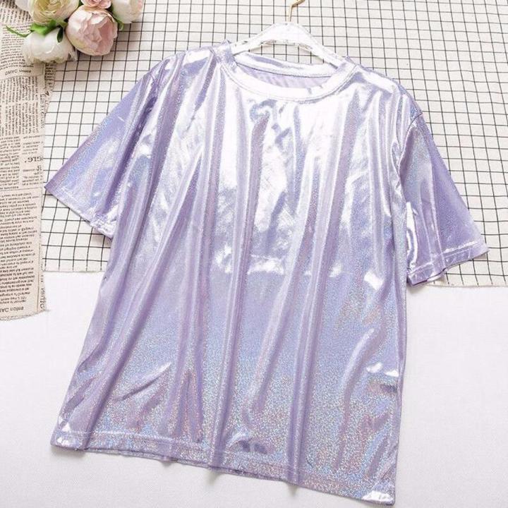 S-6XL Womens Sparkly Shiny Metallic Holographic Round Neck Short Sleeve Casual Loose Top Festival Party Tee Shirt Female Clothes
