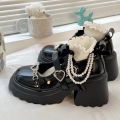 Black Leather Shoes Spring and Autumn Season Metal Chain Sponge Cake Sole Mary Jane Shoes Women's Patent Leather Gothic Style House Foocus. 