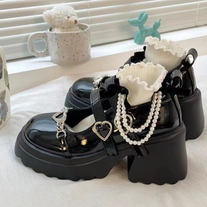 Black Leather Shoes Spring and Autumn Season Metal Chain Sponge Cake Sole Mary Jane Shoes Women's Patent Leather Gothic Style House Foocus