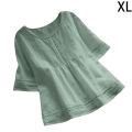 Sleeve Spliced Hollow Out Tops Blouse Round Neck Loose Ladies Retro Casual Petticoat Solid Color Cotton Linen Top Half Sleeve Round Neck Stitched Shirt Hollow Top Women Shirt Half.