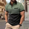 Business Men's Polo T Shirt Summer Short Sleeve Clothing Fashion Stripe Print Street Casual Buttons Tops Oversized Pullover. 