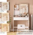 Vabches Vanity Desk with LED Light Mirror and Charging Station, Small Cute Vanity Set with 4 Storage Shelves 2 Drawers, Vanity f. 