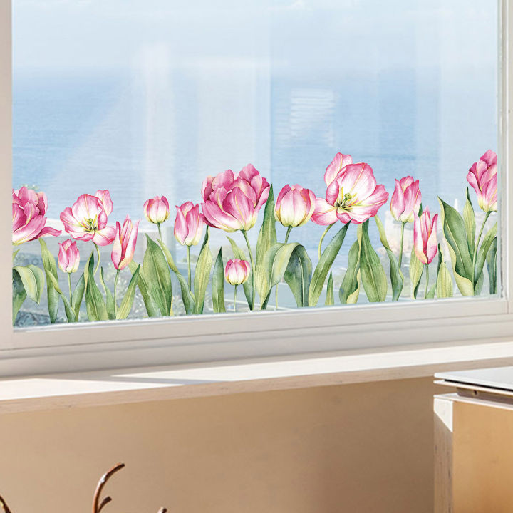 Glass sticker double-sided D flower photo light BR0033 pink tulip self-adhesive window beautification decorative sticker
