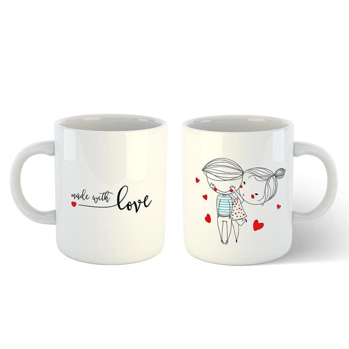 Made with Love Funny and Cute Couple Mug Perfect for Gifting to Friends/Couples/Husband/Wife-White Ceramic Mug INT-21054