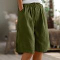 Fashion Solid Color Pants Pocket Button Up Capris Elastic Waist Loose Cotton Linen Women's Shorts.