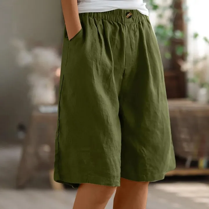Fashion%20Solid%20Color%20Pants%20Pocket%20Button%20Up%20Capris%20Elastic%20Waist%20Loose%20Cotton%20Linen%20Women's%20Shorts%20-%20Image%205