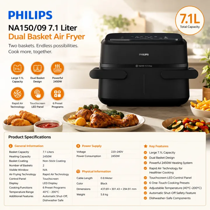 Philips%20NA150/09%207.1L%20Dual%20Basket%20Air%20Fryer%20%E2%80%93%202450W%20Rapid%20Air%20Technology%20-%20Image%207