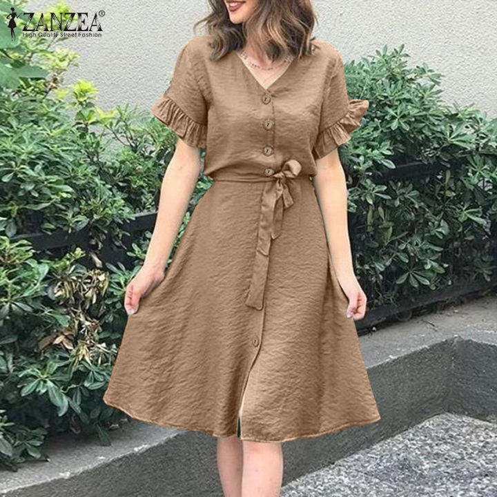 ZANZEA Women Short Sleeve Button Up A-Line Sundress Party Summer Belted Long Midi Dress #15