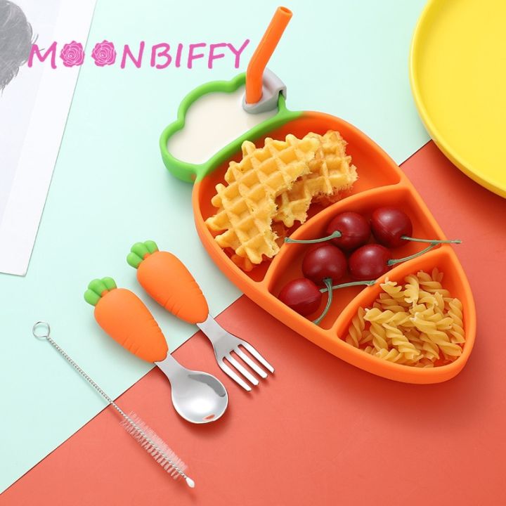 【NEW】 Children Silicone Dinner Pate Carrot Bowl Stainless Steel Fork Spoon Tableware Set Baby Food Supplementary Meal Plate Baby Stuff