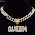 Men Women Hip Hop KING QUEEN Letter Pendant Necklace with 13mm Miami Cuban Chain Iced Out Bling HipHop Necklaces Fashion Jewelry.