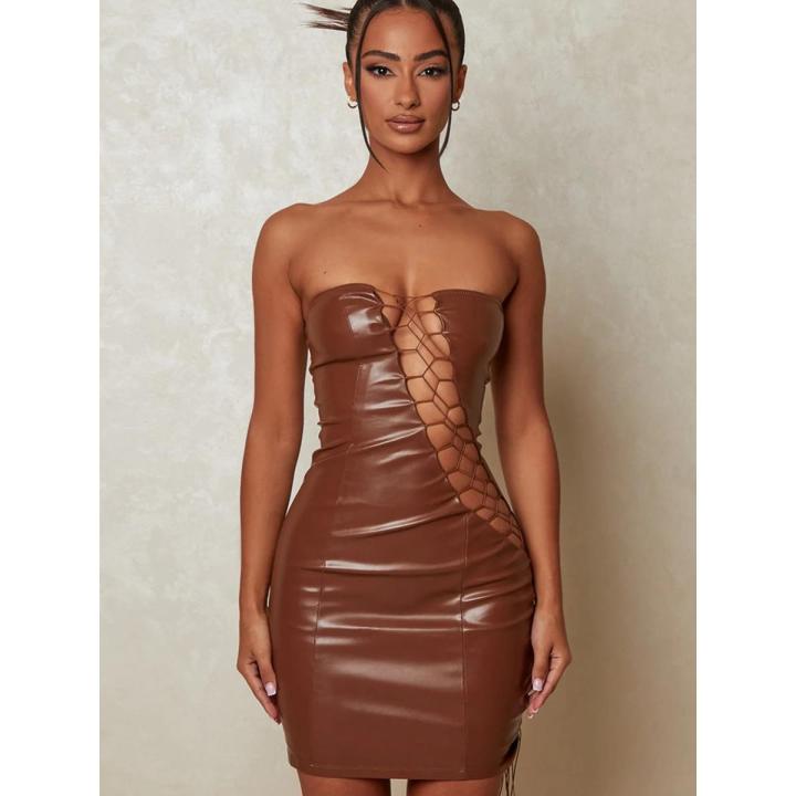 Mozision Hollow Out PU Leather Mini Dresses For Women Strapless Sleeveless  Backless Bodycon Party Short Dress Vestido | Daraz.com.bd