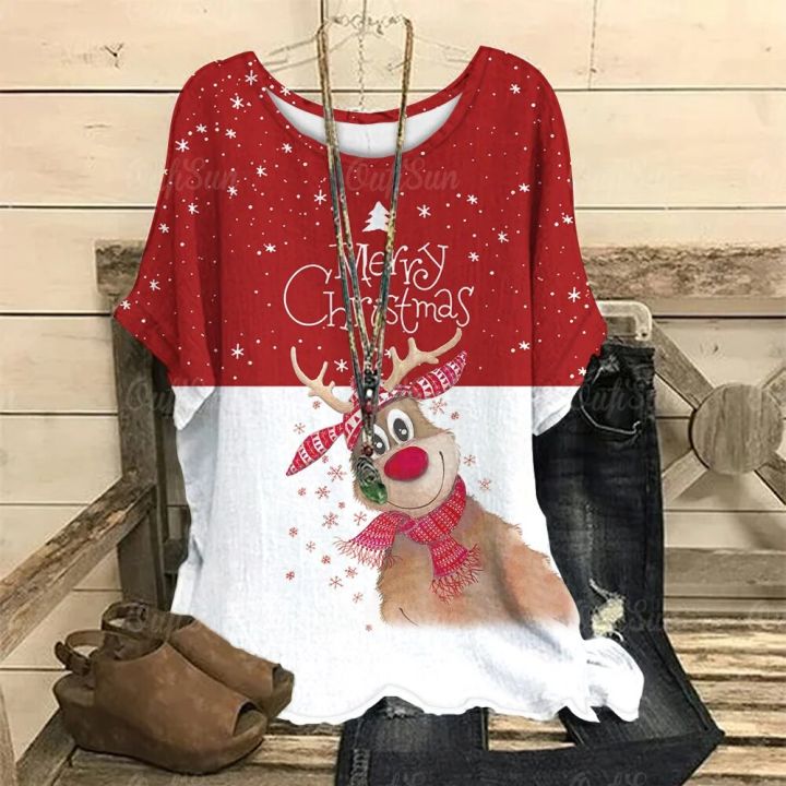 Christmas%20Elk%20Print%20Women's%20T-Shirt%20Autumn%20Winter%20Fashion%20Clothing%20Oversized%20O-Neck%20Ladies%20Short%20Sleeve%20Tops%20Casual%20Pullover%20Tee%20-%20Image%202