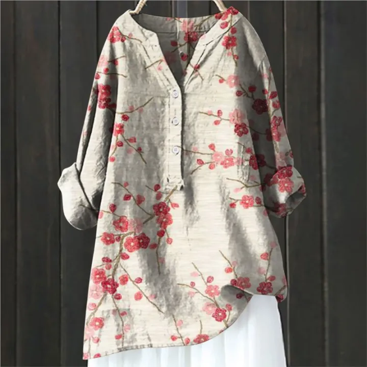 2024%20Vintage%20Floral%20Art%20Print%20Linen%20Shirts%20Summer%20Women%20Casual%20Trendy%20V%20Neck%20Dressy%20Blouses%20Long%20Sleeve%20Button%20Tunic%20Long%20Tops%20-%20Image%203