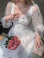 Autumn Spring White Mesh Fairy Dress Woman French Vintage Embroidery Floral Flare Sleeve Princess Prom Dresses Vestido Blanco. 