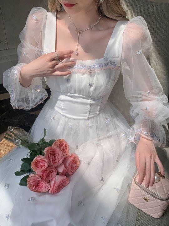 Autumn%20Spring%20White%20Mesh%20Fairy%20Dress%20Woman%20French%20Vintage%20Embroidery%20Floral%20Flare%20Sleeve%20Princess%20Prom%20Dresses%20Vestido%20Blanco%20-%20Image%205
