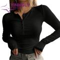 Women Round Neck Solid Color Tops Simple Style O Neck Button Long Sleeve Slim Fit Lady T-shirt Blouse for Women Soft Breathable Fall Spring Top Women Lightweight Long-sleeve Tops.