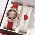 Fashion Waterproof 2pcs Women's Quartz Wristwatch Set Petal Design and Diamond Dial for Ladies Watch Elegant Leather Watches Suitable for Girls.