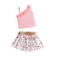 GC Baby Girls Outfits Ruffle Off Shoulder Crop Tops Floral Print Shorts Skirt Set Toddler Summer Clothes.