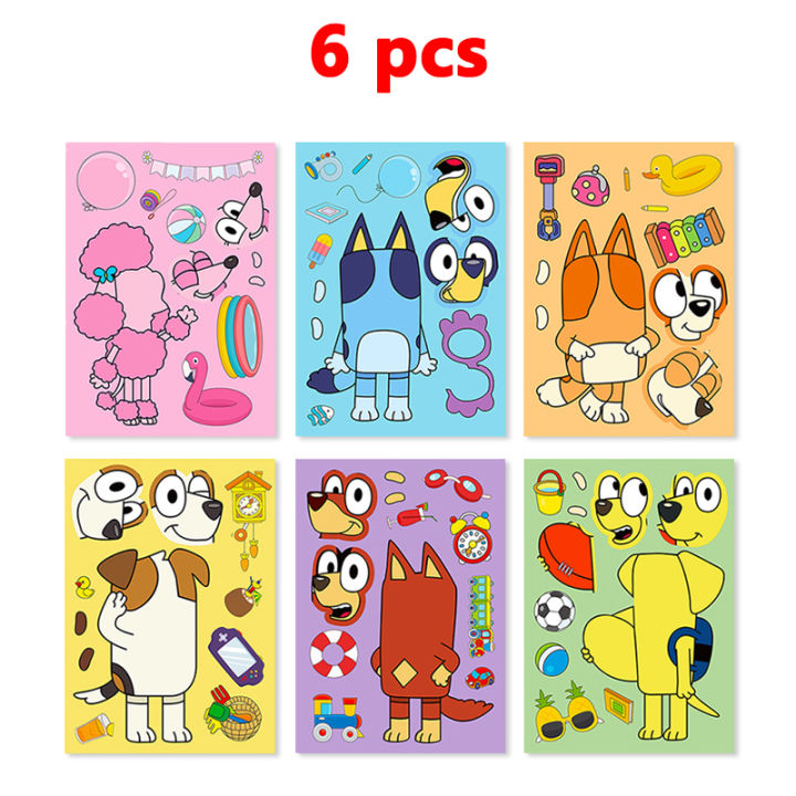 6/12pcs Bluey Stickers Bingo Cartoon Puzzle Stickers Cute Anime Kawaii Children Diy Color Handbook Sticker Animal Toys Girl Gift