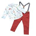 Baby Boy Dress Set: White Printed Full Sleeve Shirt and Brown Pant with Dungarees. 