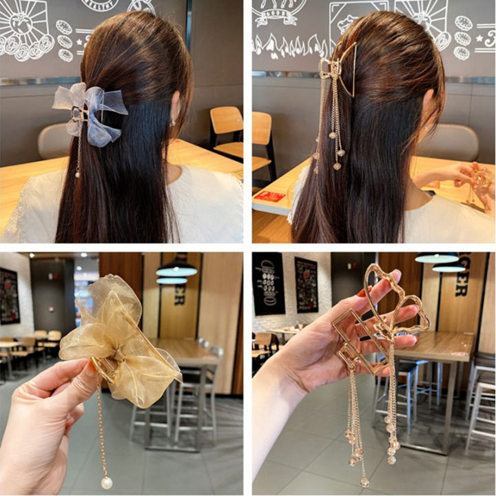 Korean tassel hairpin, pearl pendant, shark clip on the back of the head, internet celebrity fishtail hairpin, mesh bow tie clip for women
