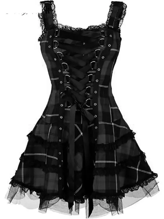 Vintage%20Plaid%20Bandage%20Gothic%20Women%20A-line%20Dresses%20Grunge%20Aesthetic%20Lace%20Trim%20Patchwork%20Mini%20Dress%20Punk%20Bodycon%20Partywear%20-%20Image%206