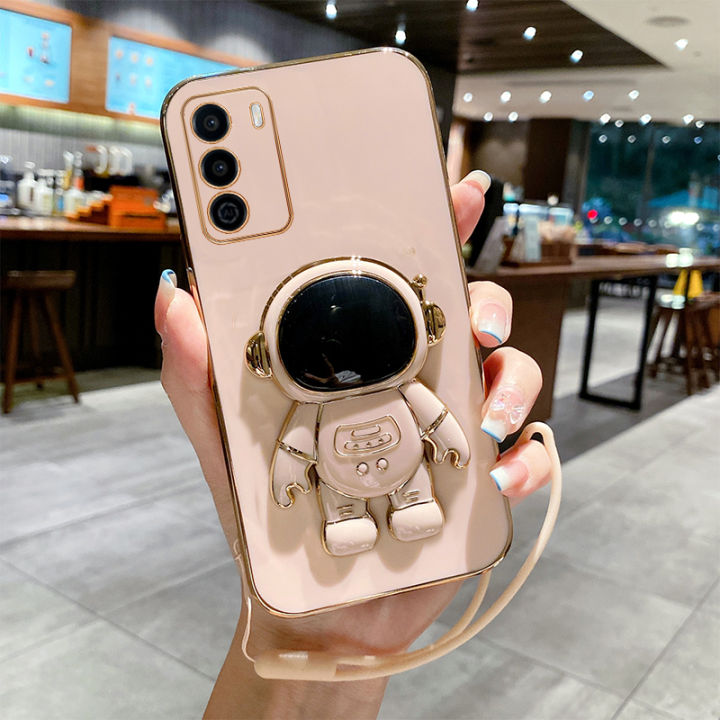 Maitus for OPPO A16 Back Cover with Lanyard + Astronaut Folding Stand Bracket Fashion 6D Plating Square Frame Cases Soft Silicone Mobile Phone Case for Boys Girls