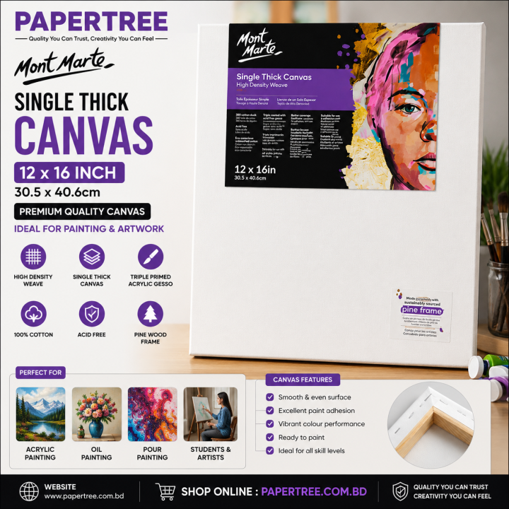 Mont Marte Premium Single Thick Canvas 12×16 Inch 30.5×40.6cm for Painting & Artwork