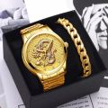 Luxury Gold Watch for Men Dragon Watch Brand Business Dragon Sculpture Stainless Steel Watch.