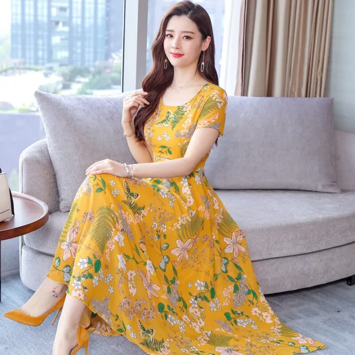 2022%20new%20summer%20Korean%20dress%20women's%20Casual%20Short%20Sleeve%20temperament%20large%20yellow%20red%20flower%20round%20neck%20dress%20-%20Image%204
