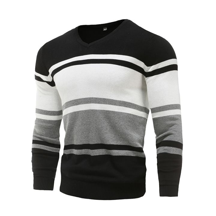 Autumn Cotton Pullover V-neck Men's Sweaters Fashion Solid Color High  Quality Slim Sweaters Pullover Men Patchwork Knitwear-black