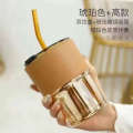 Internet celebrity high aesthetic bamboo joint ins portable coffee with lid creative office glass straw cup. 
