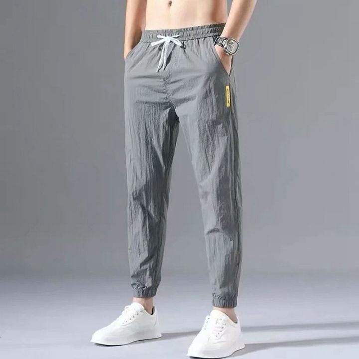 New Mens Trousers Summer Ice Silk Thin Green Color Fashion Elastic Waist Nine Points Length Pants Men Casual Sports Joggers Pant