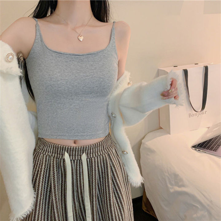 Korean Style Solid Color Hot Girl Vest Camisole Women's Western Style Autumn and Winter with Chest Pad Drawstring Slim-Fit Low Collar Top