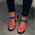Cross-border wish summer webbing velcro flat sandals women's slotted buckle large size leopard print color-blocked beach sandals.