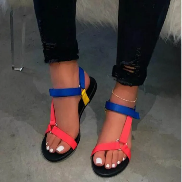 Cross-border%20wish%20summer%20webbing%20velcro%20flat%20sandals%20women's%20slotted%20buckle%20large%20size%20leopard%20print%20color-blocked%20beach%20sandals%20-%20Image%206
