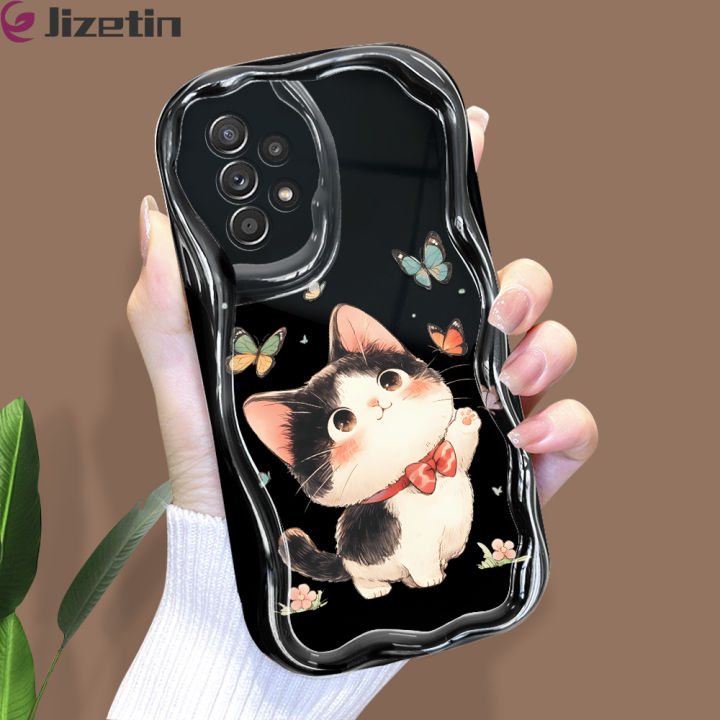 Jizetin for Samsung A52 4G 5G A52S 5G Back Cover Kitten Playing Butterfly Cream Wavy Edge Soft Silicone Phone Case