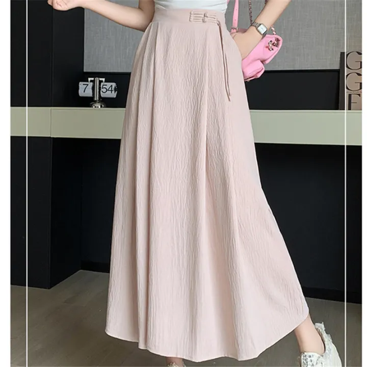 Seoulish%20Cotton%20Pleated%20Long%20Skirts%20for%20Women%202024%20New%20Summer%20Spring%20Elegant%20Solid%20Elastic%20High%20Waist%20A-Line%20Midi%20Skirts%20Female%20-%20Image%204