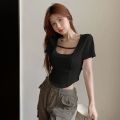 Hot Girls Unique Chic Sweet and Spicy Style Short Top Design Sense Niche Clavicle Square Collar Short Sleeve T Women's Summer T-shirt ins.