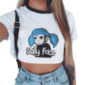 Harajuku Sally Face Crop Top Fashion European and American Cartoon Mask Print Women's Crop Top T-Shirt.
