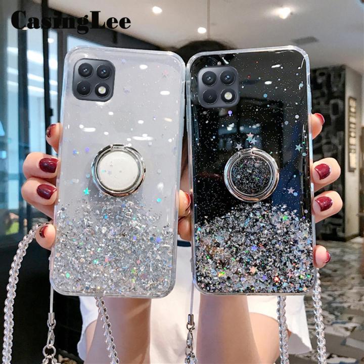 Casinglee for Samsung Galaxy A22 5G case Shiny Ring Glitter Soft Transparent Holder Stand Back cover with String for Samsung A22 5G Phone cases cover Stars Moon Girls For girls and Boys