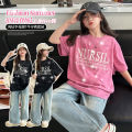 Girls Summer T-Shirt Set 2024 New Western Style Girls Summer Dress Loose Short Sleeve Kids Denim Wide-leg Pants. 