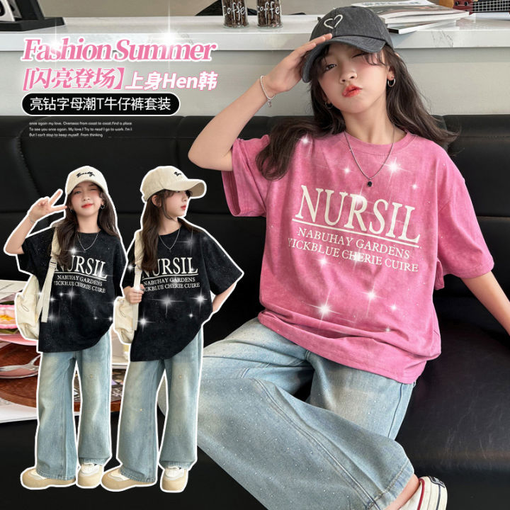 Girls%20Summer%20T-Shirt%20Set%202024%20New%20Western%20Style%20Girls%20Summer%20Dress%20Loose%20Short%20Sleeve%20Kids%20Denim%20Wide-leg%20Pants%20-%20Image%204