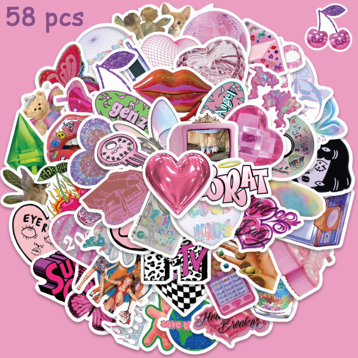 58pcs Y2K Style Vaporwave Stickers Cute Kawaii Decals For Girls Suitcase Scrapbook Notebook Phone Guitar Stickers Kids Toys