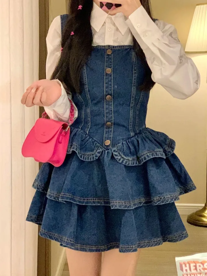 Korean Style Sweet College Style Younger Denim Dress Shirt Retro Sweet Cool  Hot Girl Fashion Outfit Skirt Trendy | Daraz.com.bd