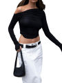 Women Ruched Off-shoulder T-shirt Casual Solid Color Long Sleeve Cropped Tops Streetwear Clubwear.