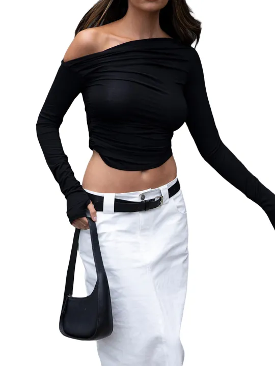 Women%20Ruched%20Off-shoulder%20T-shirt%20Casual%20Solid%20Color%20Long%20Sleeve%20Cropped%20Tops%20Streetwear%20Clubwear%20-%20Image%205